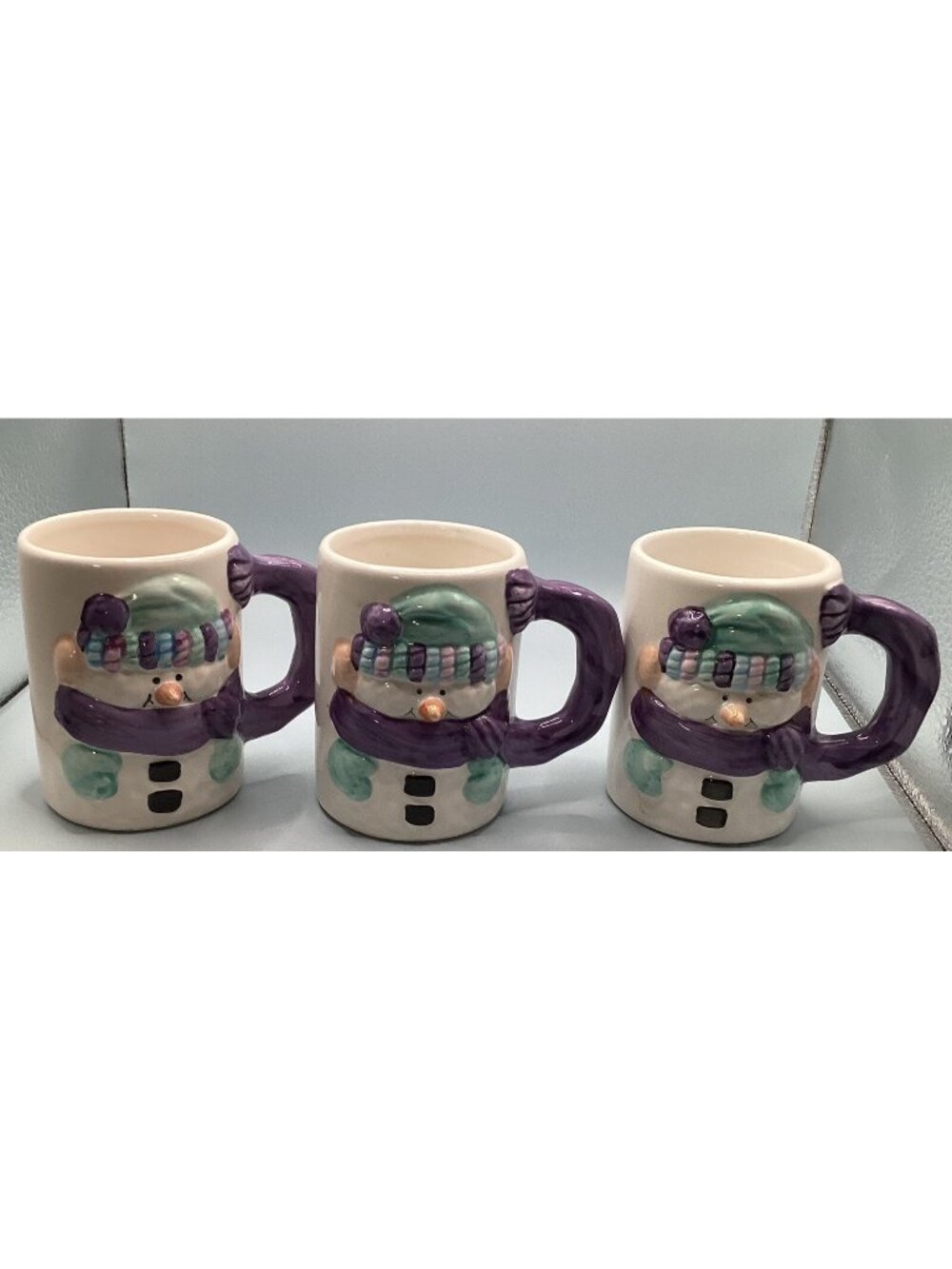 Vintage Snowman Christmas Mug Blue Hat Purple Scarf Set Of 3